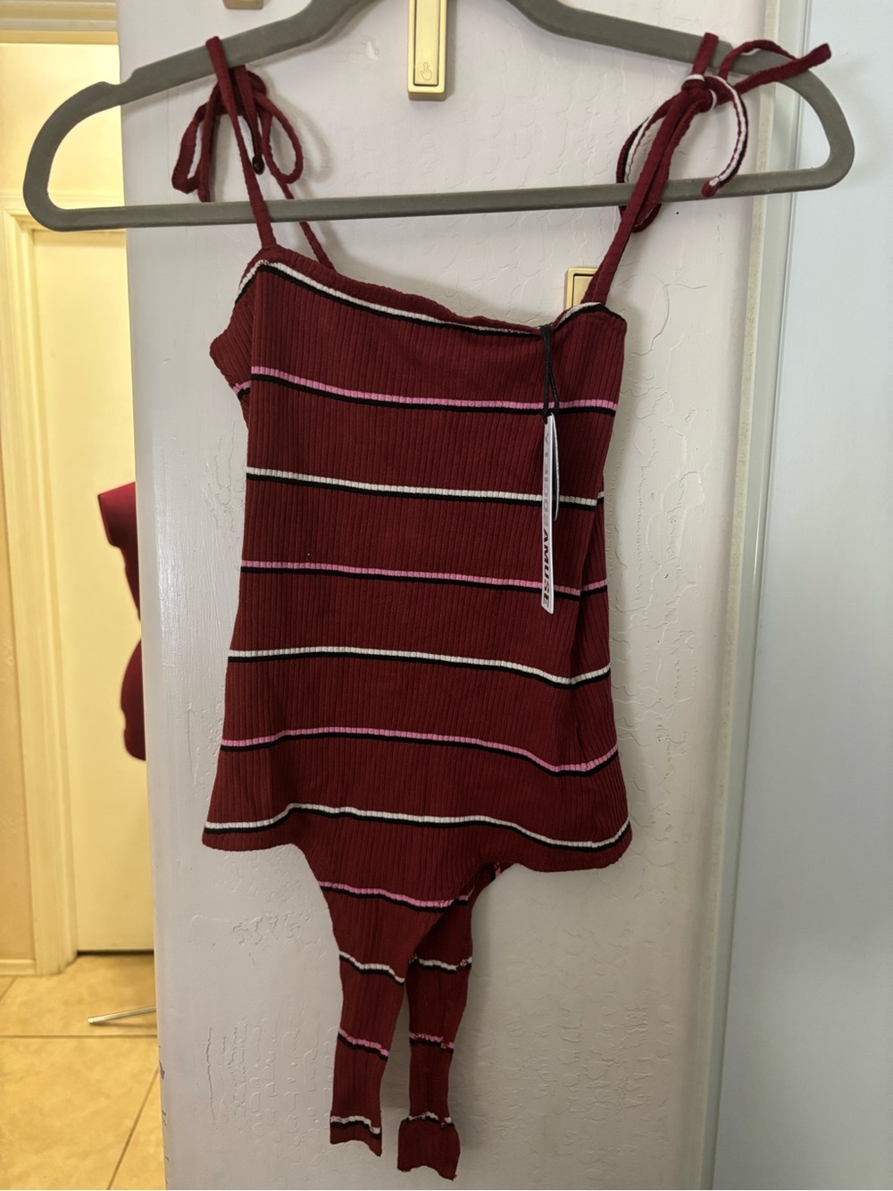 NWT Society Amuse Ribbed Tie-Strap Bodysuit - Maroon Stripe, Size XS